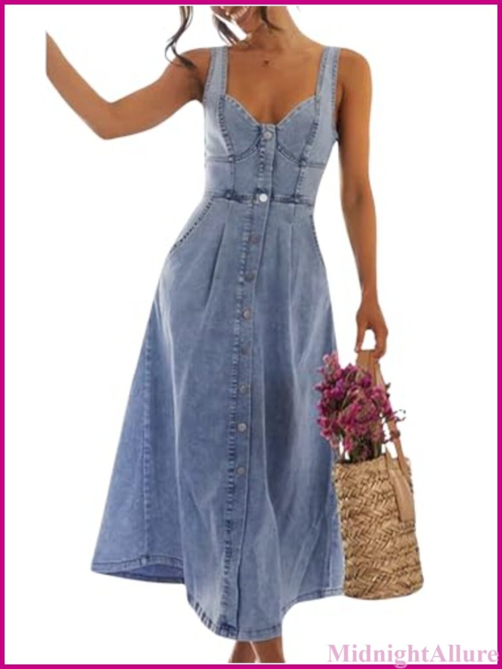 Sleeveless Button Down Slim Fit Midi Denim Dress A-Line